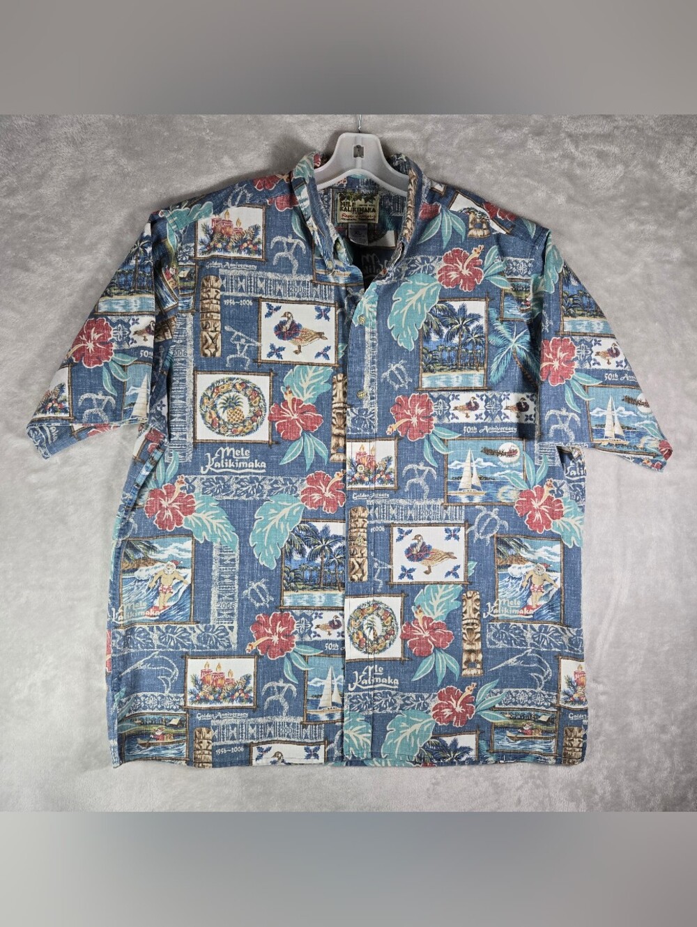Reyn Spooner Mele Kalikimaka Mens Sz XL Extra Large Blue Limited Issue Palm Tree